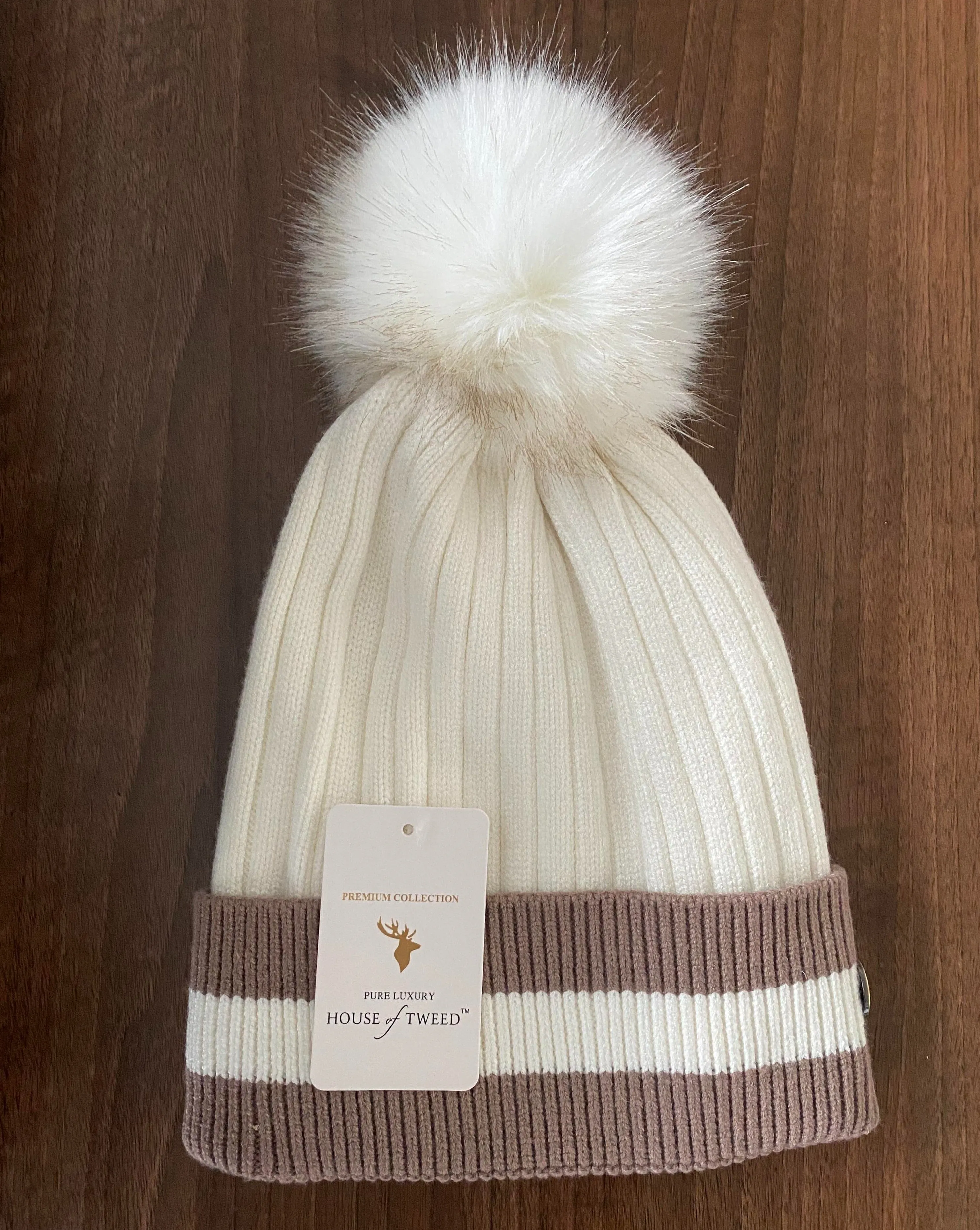 House of Tweed Luxury Striped Ladies Pom Pom Bobble  Beanie Hats