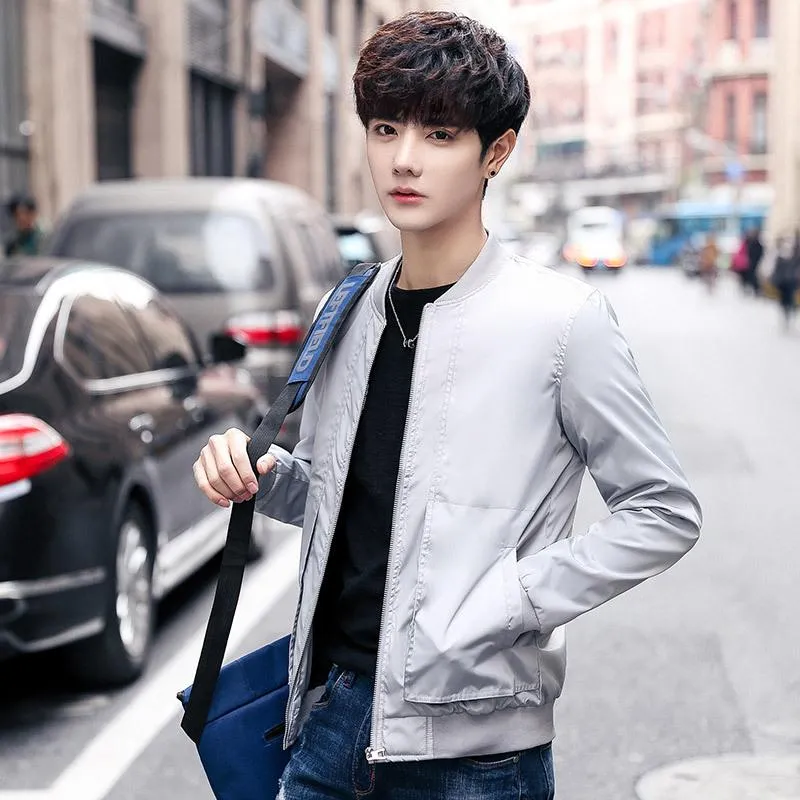 Jacket Trendy Thin Solid Colored Stand Collar Baseball Jersey Young Outerwear