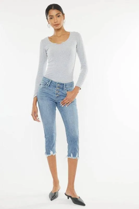 Kancan Mid-Rise Frayed Hem Capri Jeans