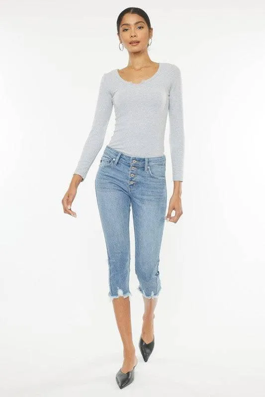 Kancan Mid-Rise Frayed Hem Capri Jeans