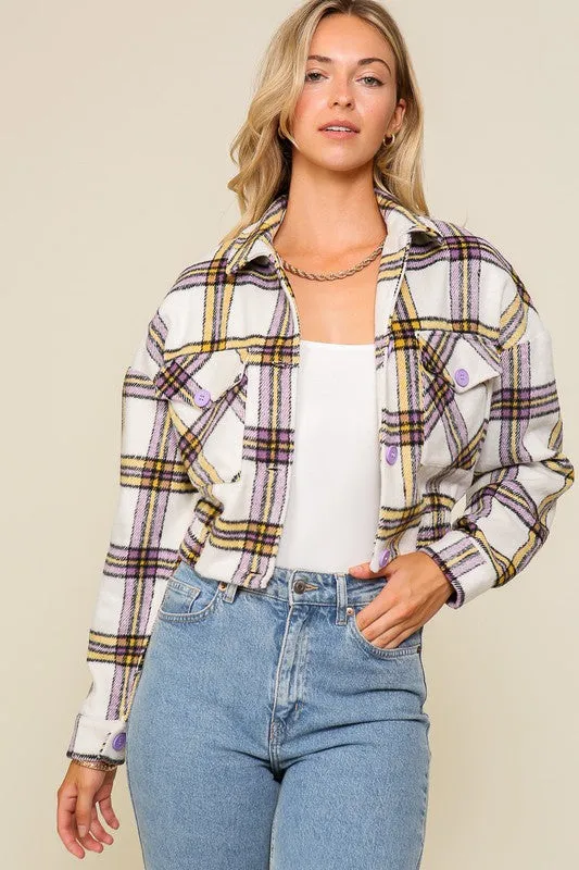 Long Sleeve Plaid Print Cropped Jacket