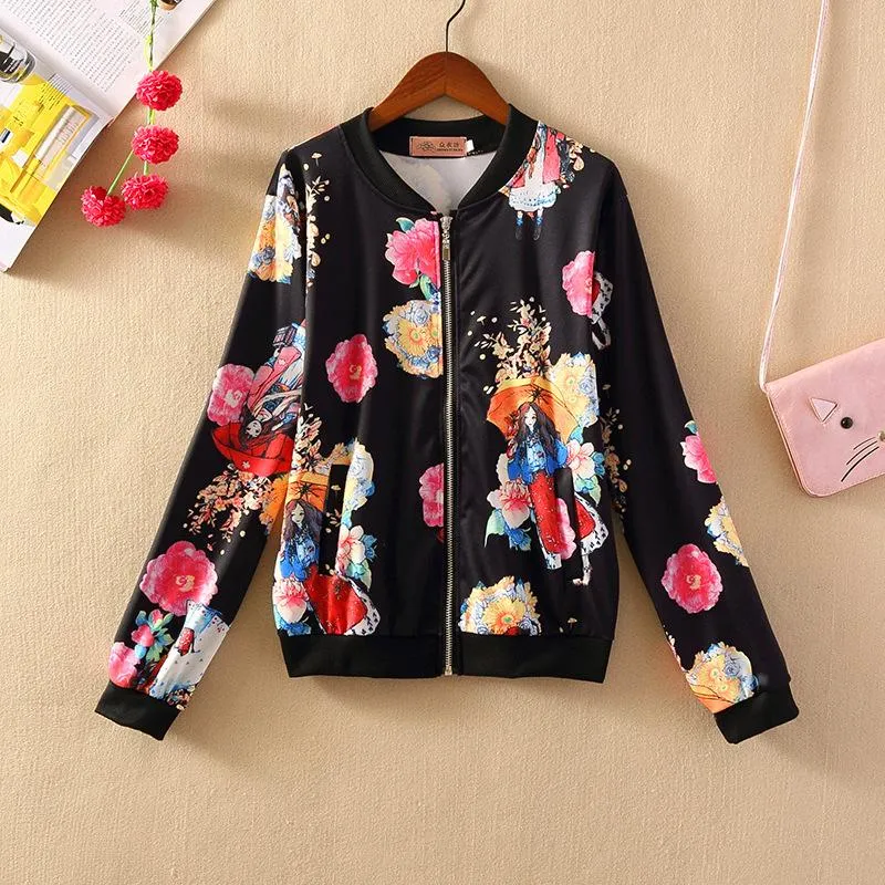 Long Sleeved Printed Baseball Jersey Short Women Jacket Trendy Outerwear