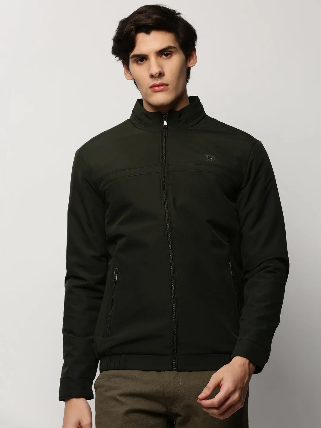 Men Green Solid Casual Bomber Jackets