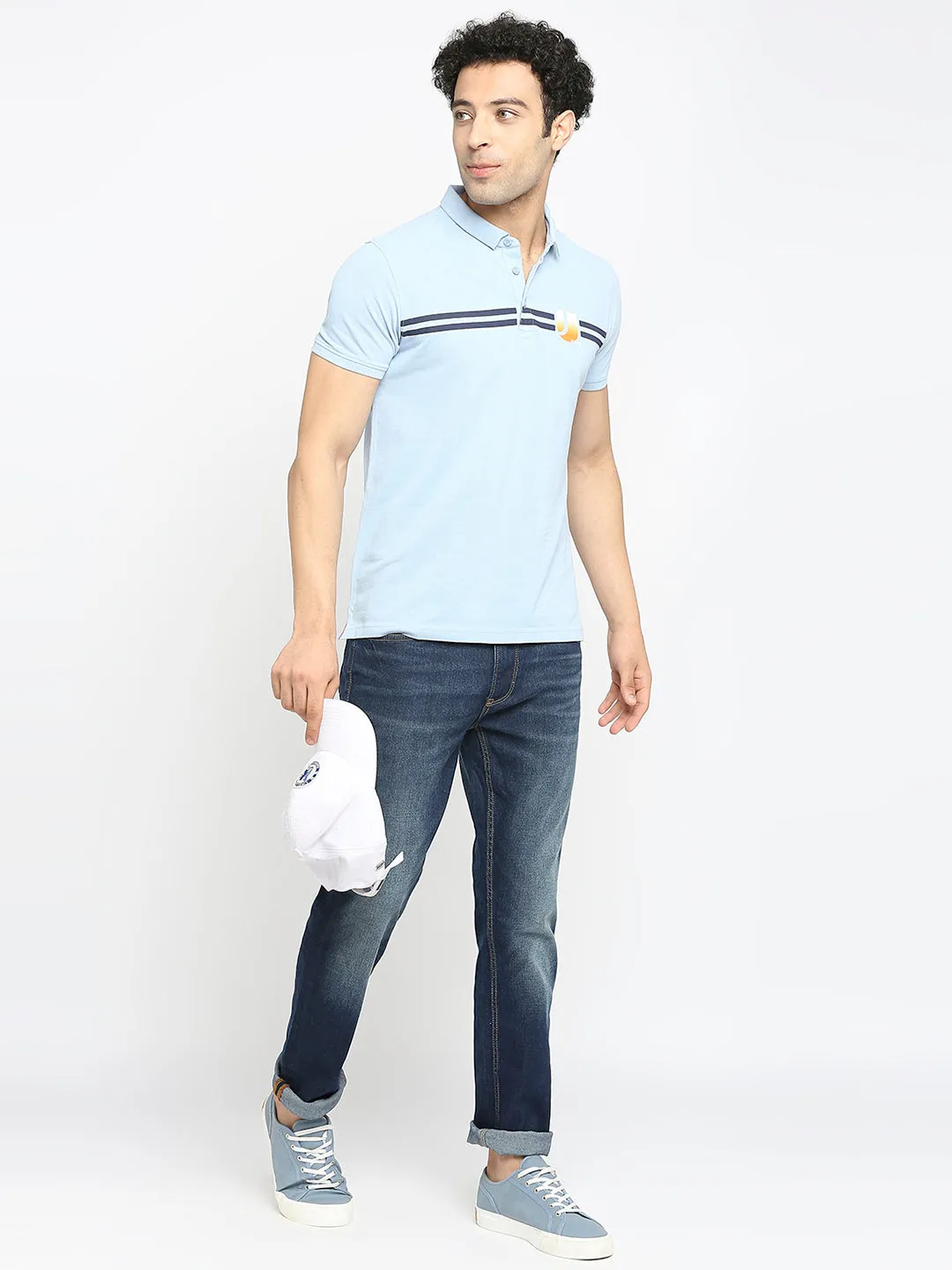 Men Premium Cotton Powder Blue Polo T-Shirt - Underjeans By Spykar