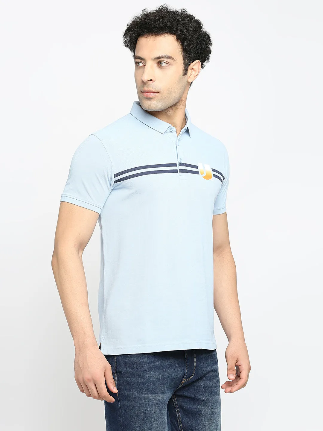 Men Premium Cotton Powder Blue Polo T-Shirt - Underjeans By Spykar