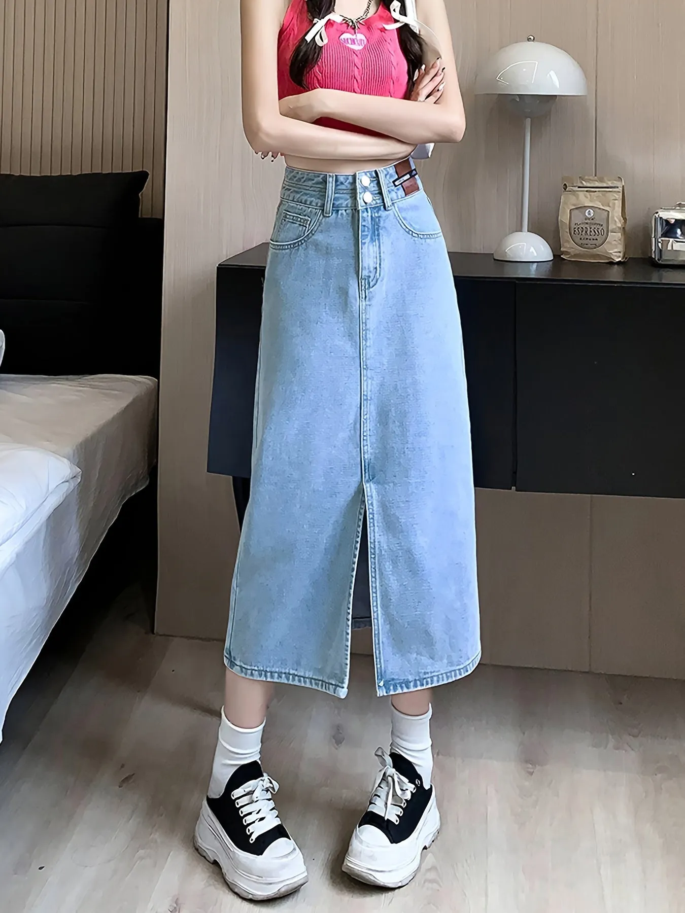 Plain Light Washed Blue Double Buttons High Rise Split Hem Midi Denim Skirt, Women's Denim Jeans & Clothing