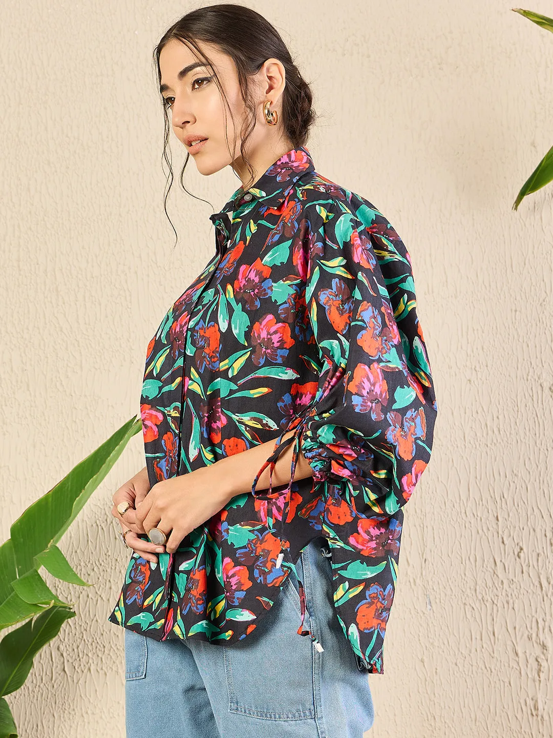 Printed Cotton Shirt with Tie Up Sleeves