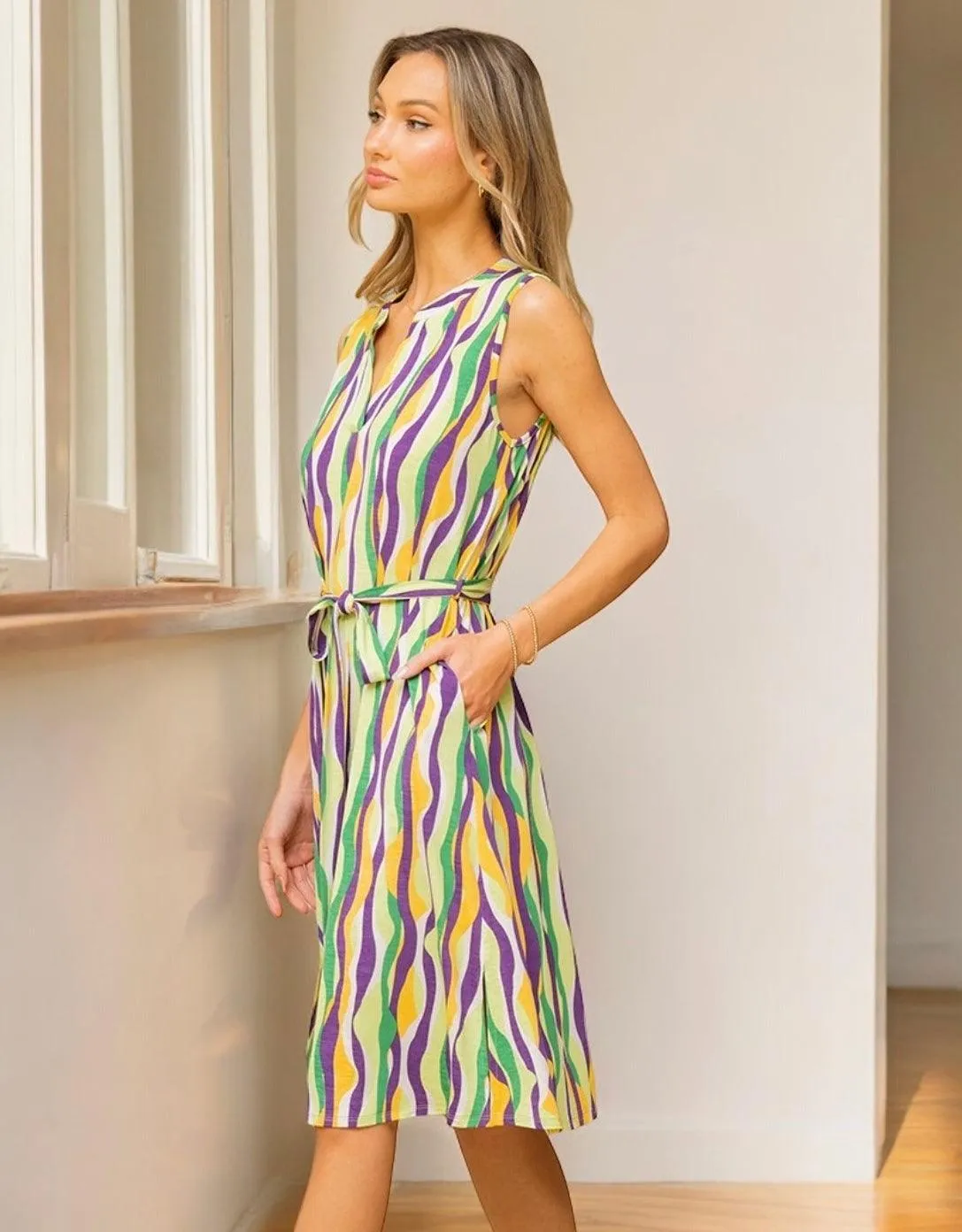 Striped Waist Tie Sleeveless Dress