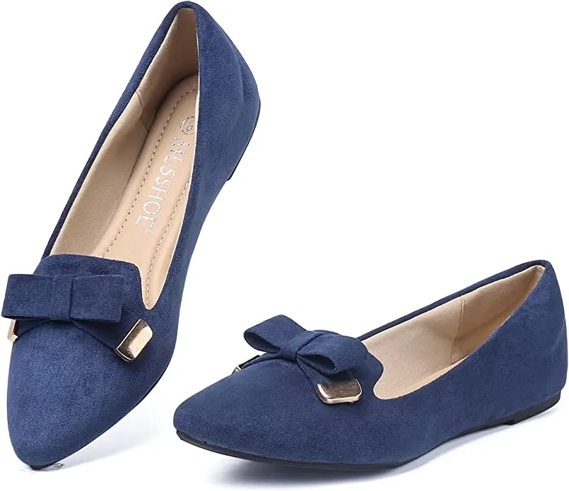 Suede Blue Bow Tie Closed Toe Flat Shoes