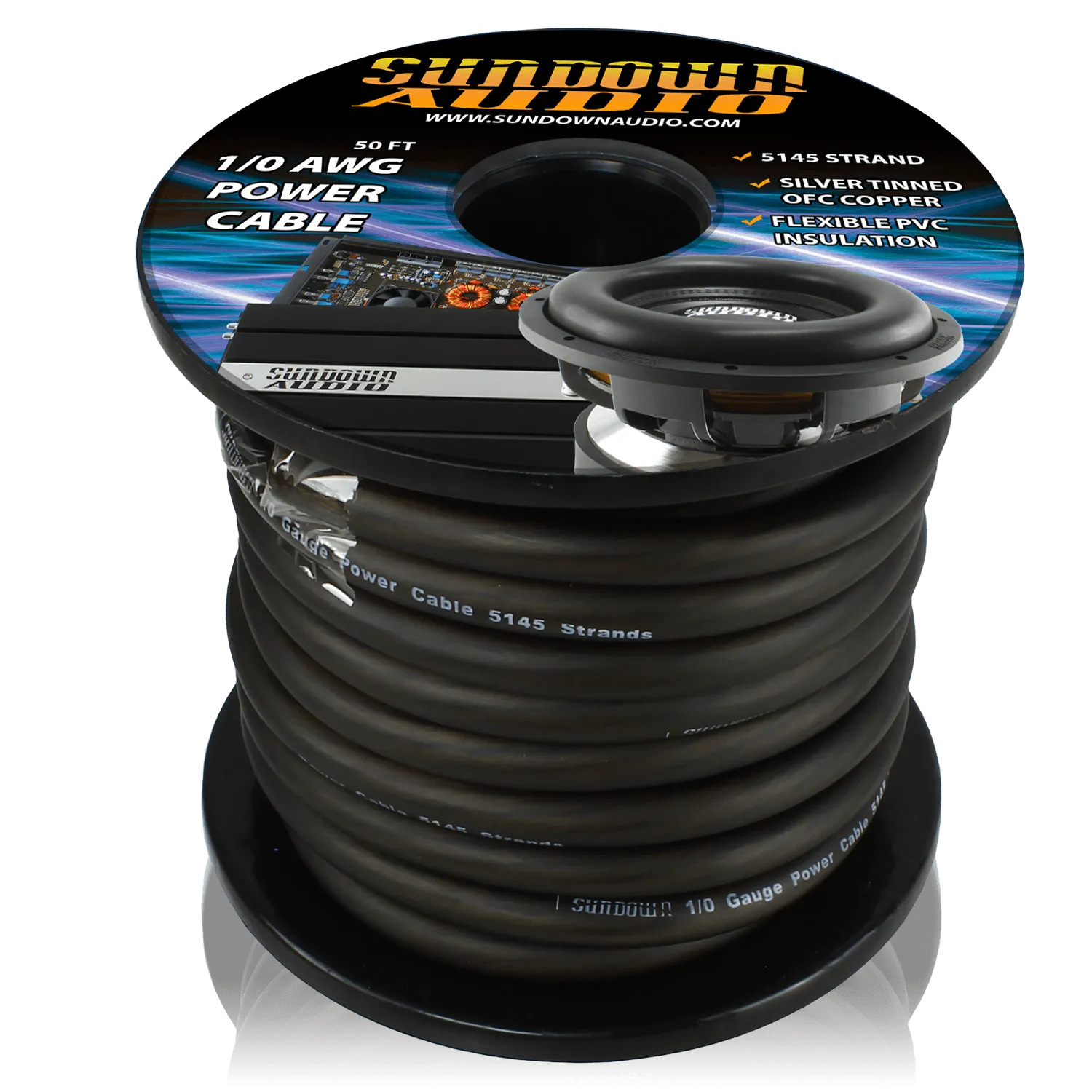 Sundown Audio 1/0 BLACK 50' Tinned OFC Oxygen Free Copper Power Cable