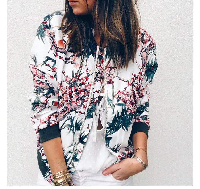 Trendy Printed Round-Neck Zipper Long Sleeved Women Jacket