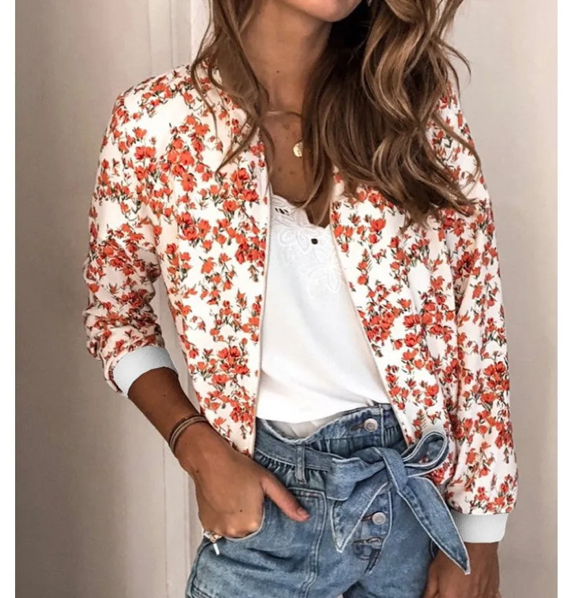 Trendy Printed Round-Neck Zipper Long Sleeved Women Jacket