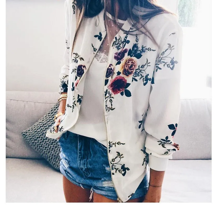 Trendy Printed Round-Neck Zipper Long Sleeved Women Jacket