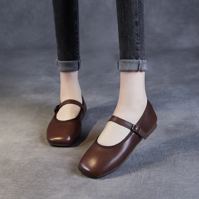 Women Retro Minimalist Soft Leather Buckle Flats