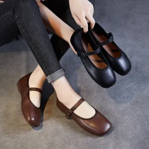 Women Retro Minimalist Soft Leather Buckle Flats