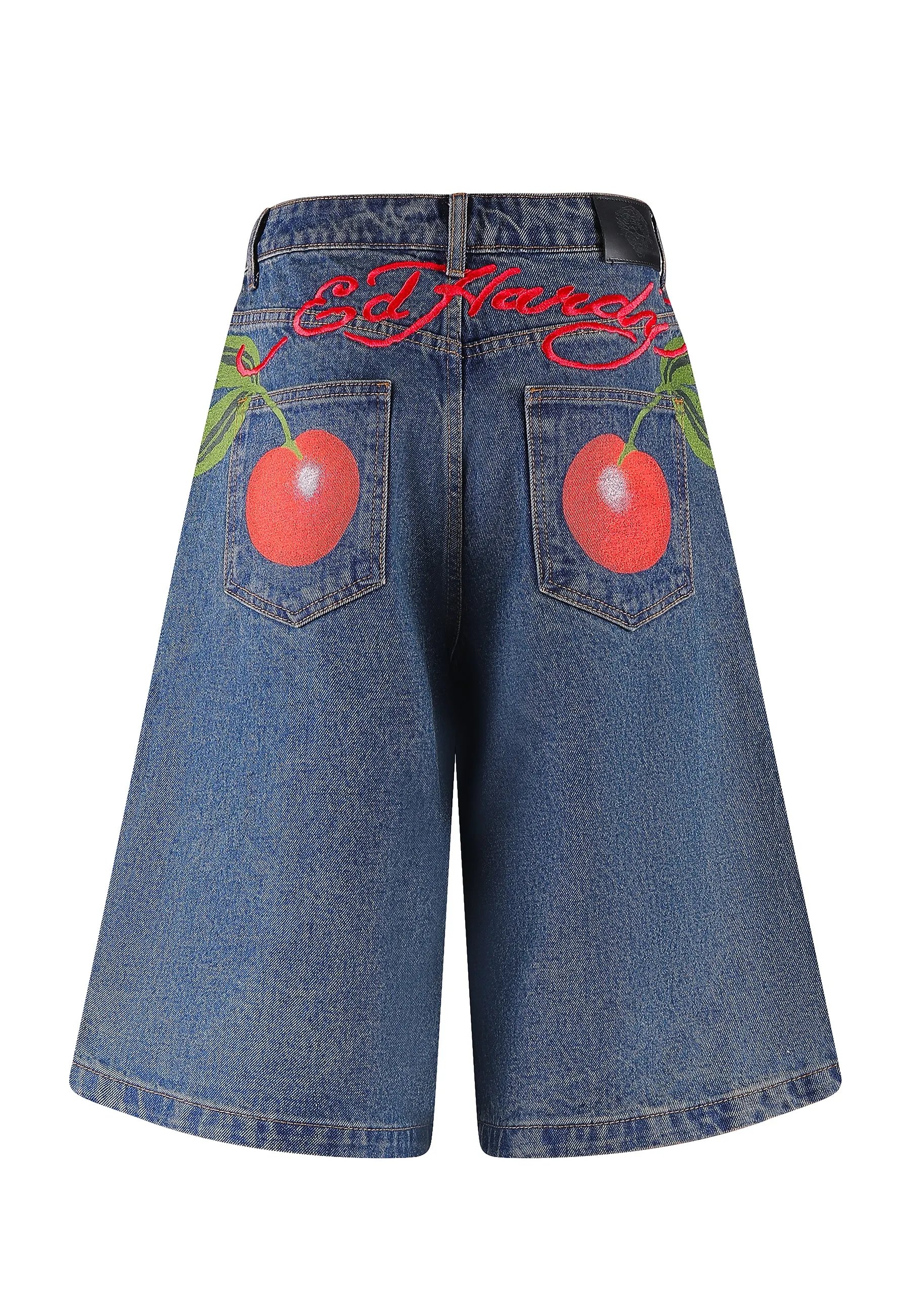 Womens Cherry Love Bomb Relaxed Denim Jorts Shorts - Indigo