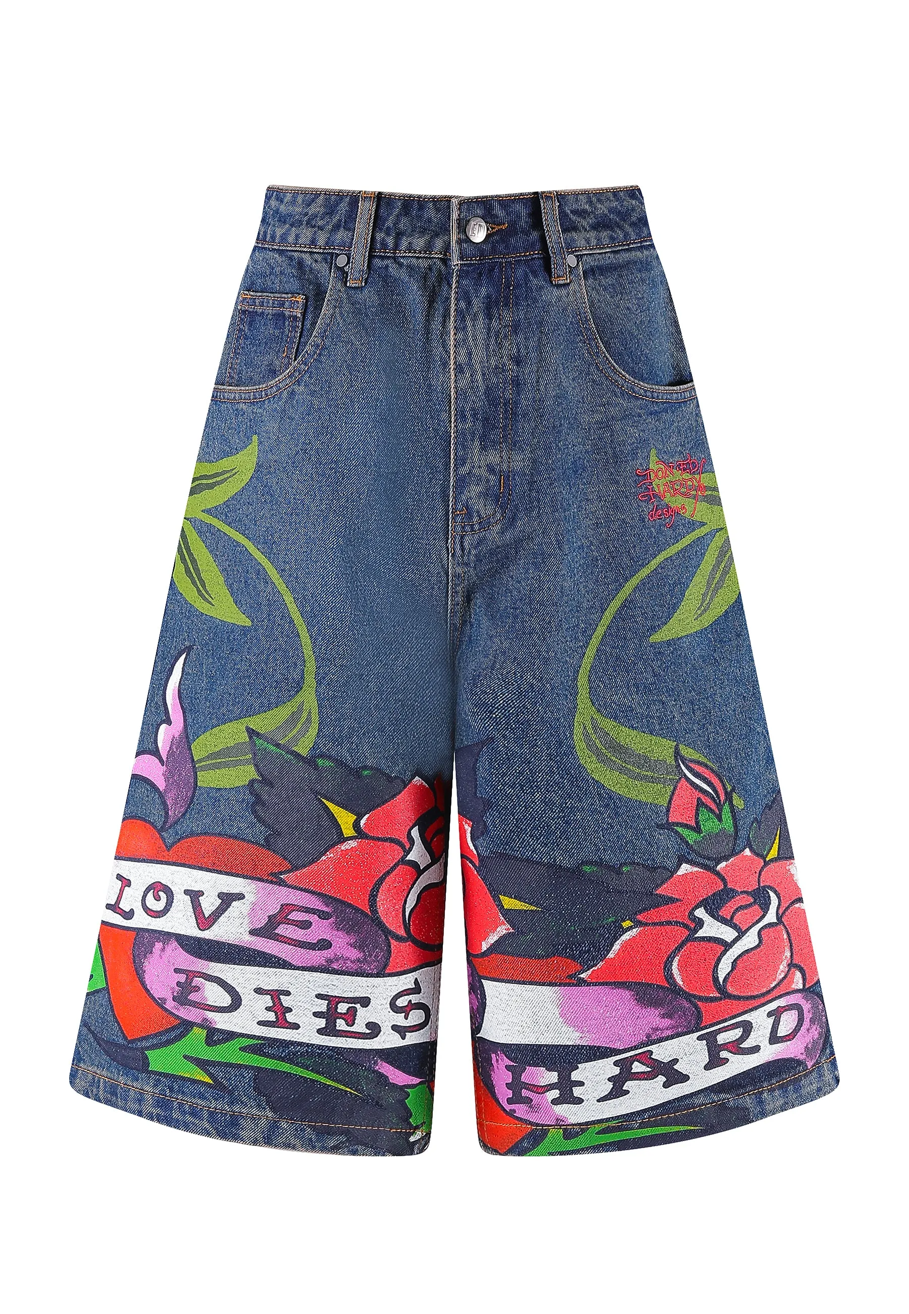 Womens Cherry Love Bomb Relaxed Denim Jorts Shorts - Indigo